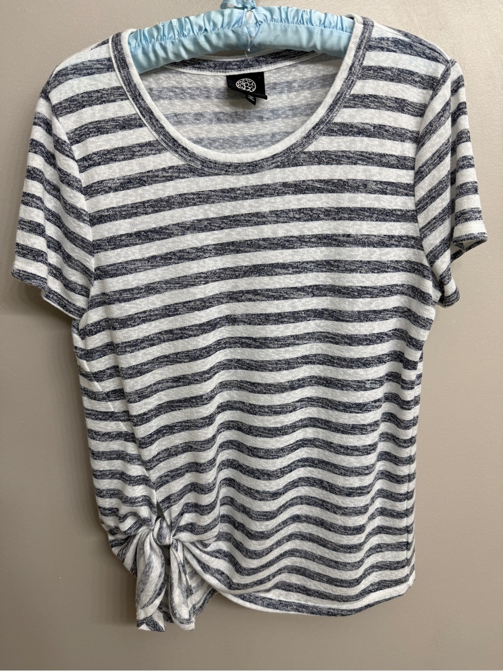 Bobeau Navy White Striped Tie Hem Short Sleeve Top Women's L